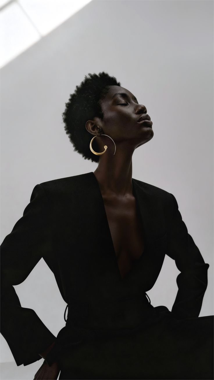 Mulher com argola dourada e blazer preto