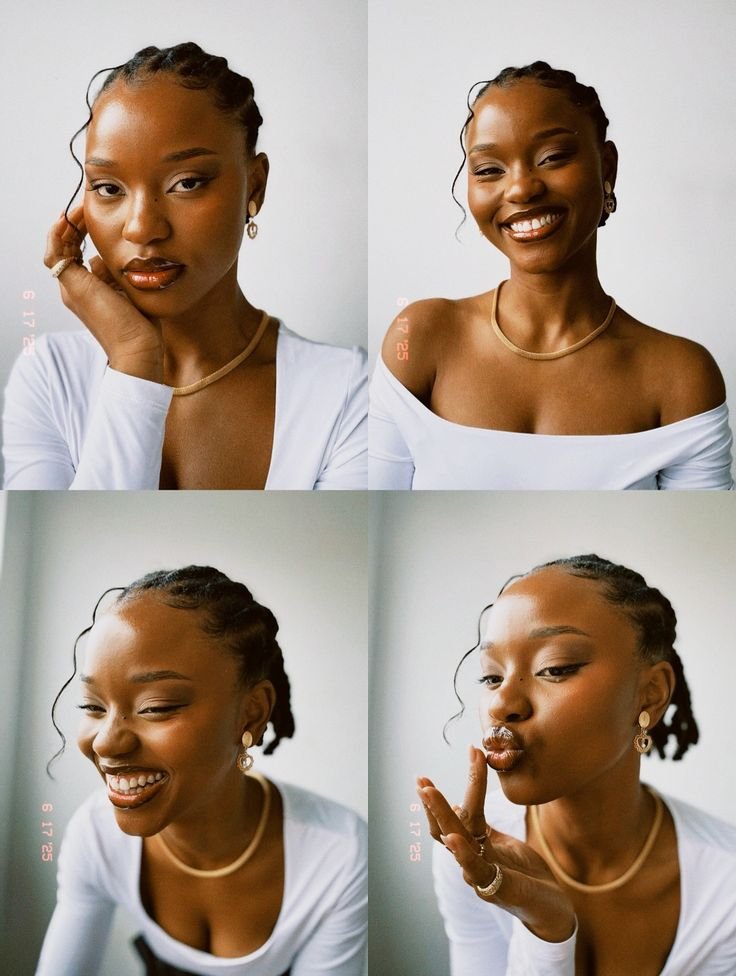 Colagem com colar dourado e brincos, em quatro retratos